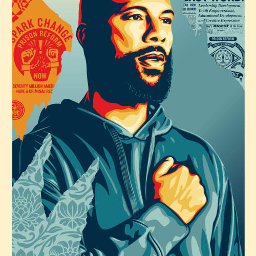 Colorful print of a man, Common, wearing a blue shirt holding his fist against his chest. Underneath his portrait is the word "Reconnect."